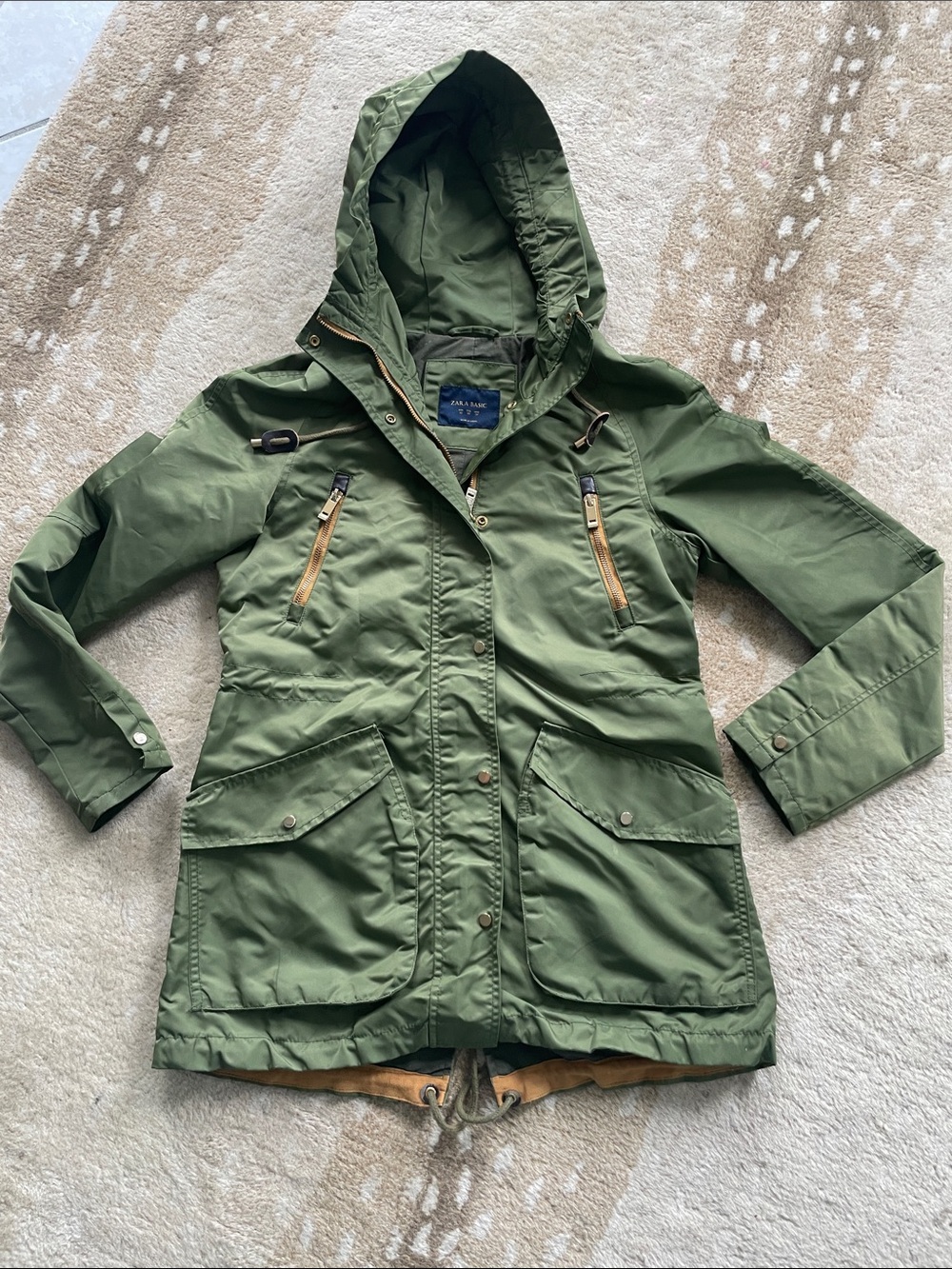 Zara Olive Green Hooded Utility Jacket with Tan Trim